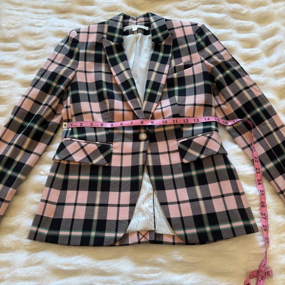 Veronica Beard Pink and Green Plaid Cutaway Dickey Blazer Jacket - Picture 9 of 11